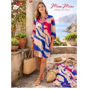 Miao Miao Made in Italy Blue Pink Abstract Viscose Tunic Dress One Size Boho